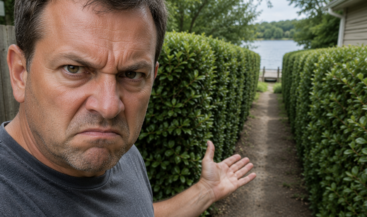 Angry man pointing to backyard