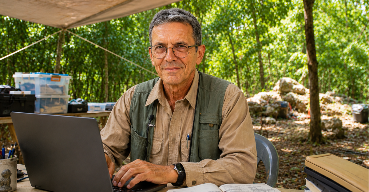 AI-generated image of archaeologist using laptop in forest