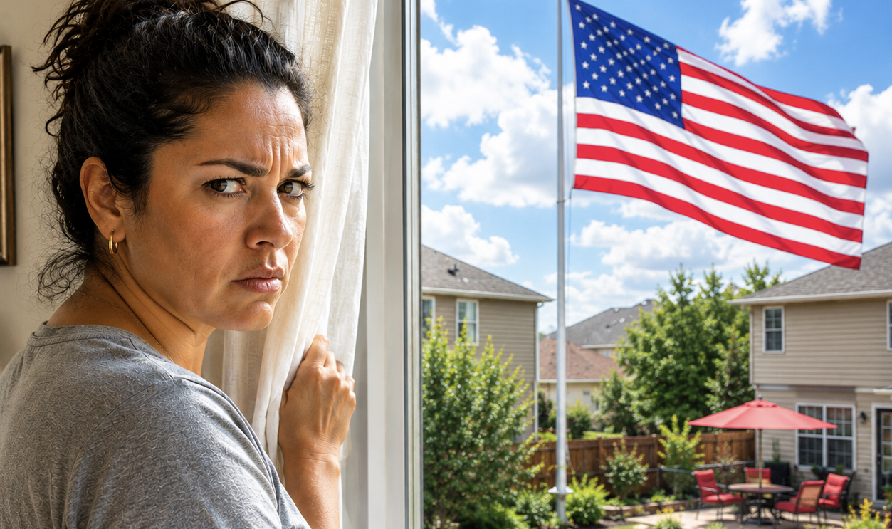 Angry woman with a large flag in the background