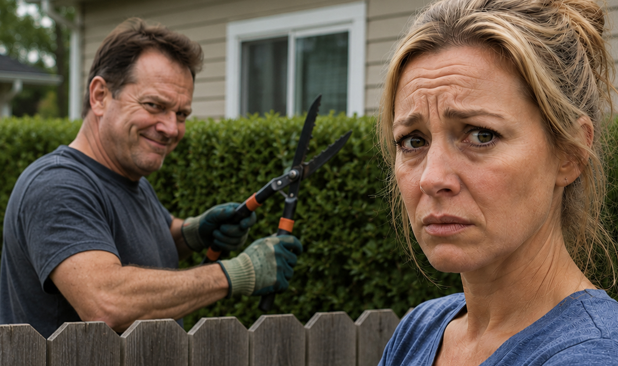 A concerned woman and a man with hedge clippers