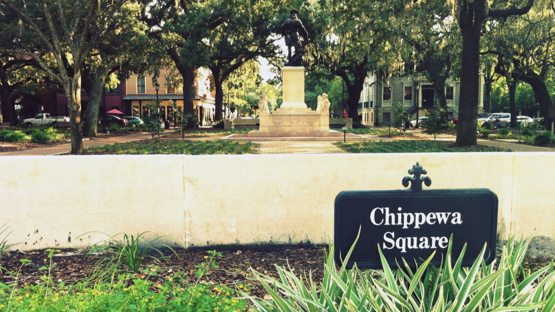 Chippewa Square in Savannah, Georgia. View from W Hull Street.