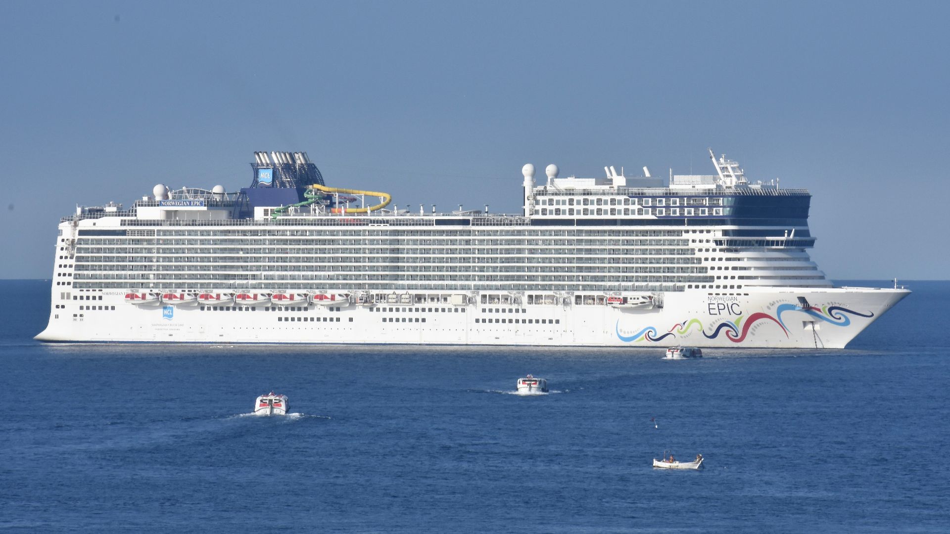Norwegian Cruise Line's _Norwegian Epic_ at anchor in Cannes bay, July 2018