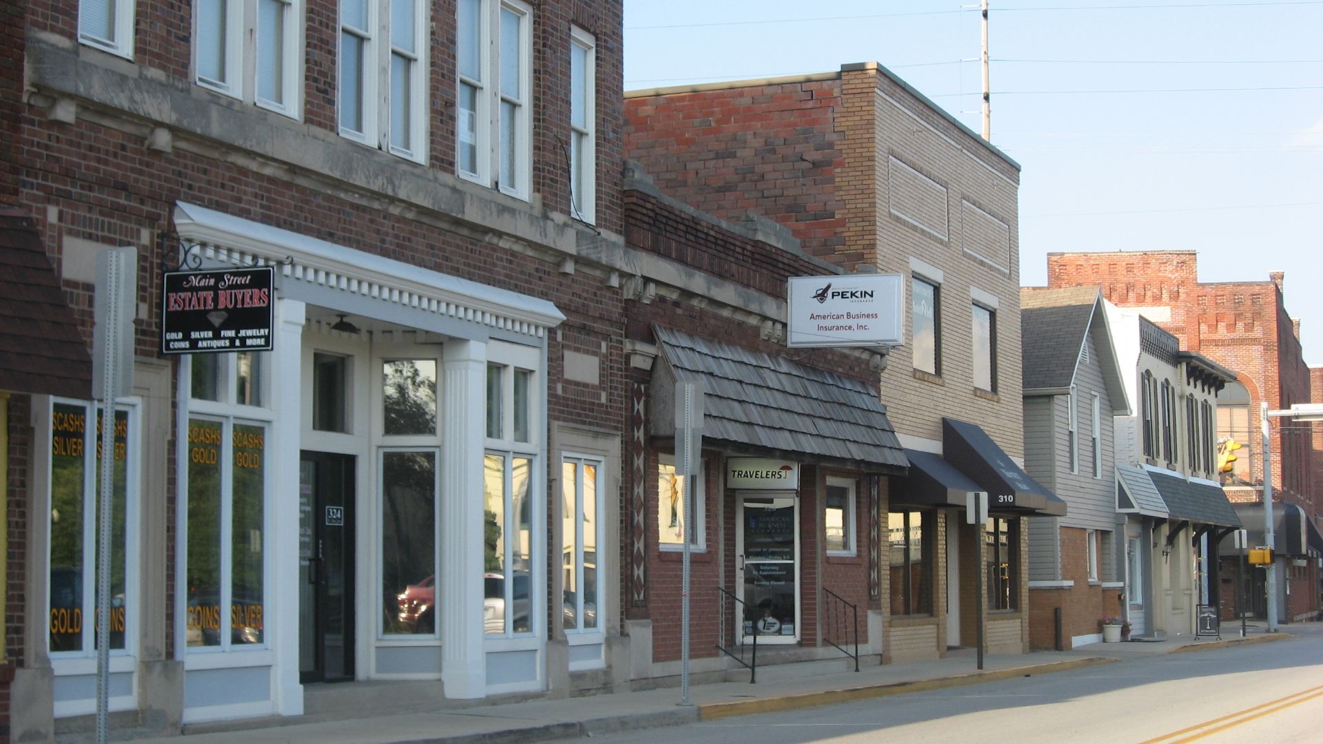 Buildings on the northern side of the 300 block of W. Main Street in downtown Greenwood, Indiana, United States. This block is part of the Greenwood Commercial Historic District, a historic district that is listed on the National Register of Historic Pla