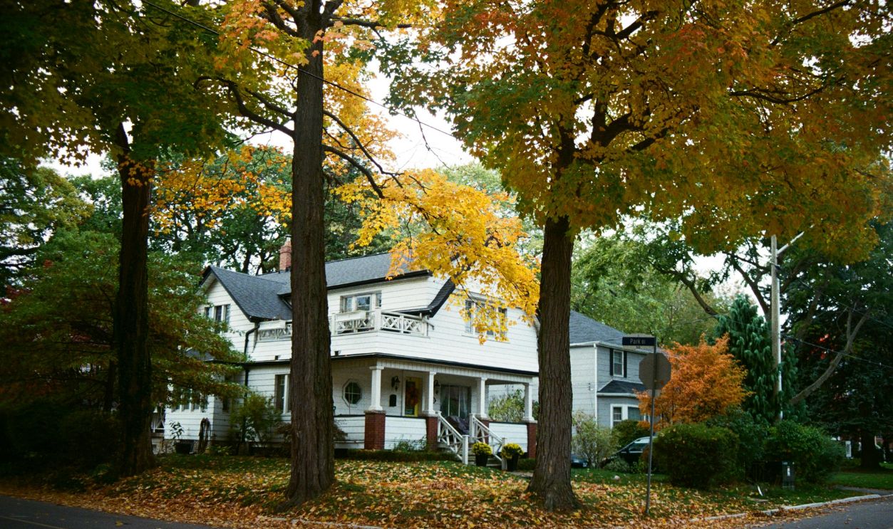 Beautiful white house amidst vibrant fall foliage in a serene neighborhood setting