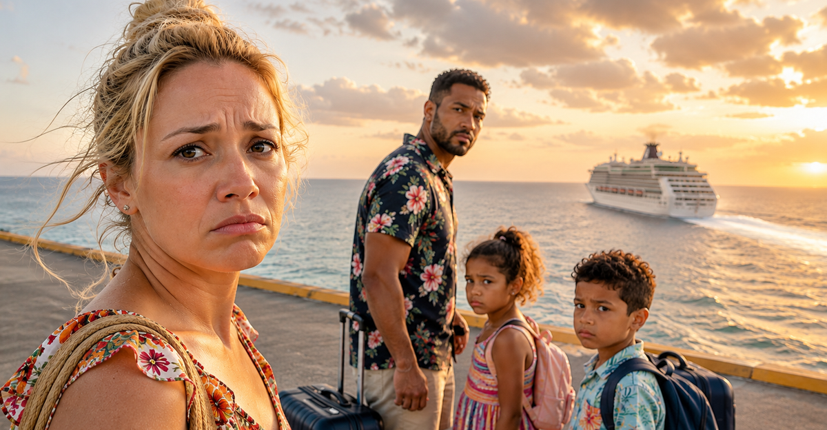 Woman and family on dock watching cruise ship depart