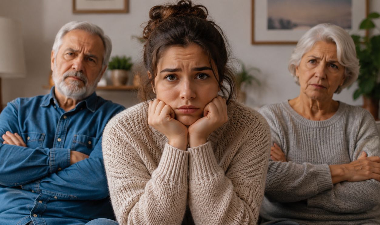 Family tension in a cozy living room