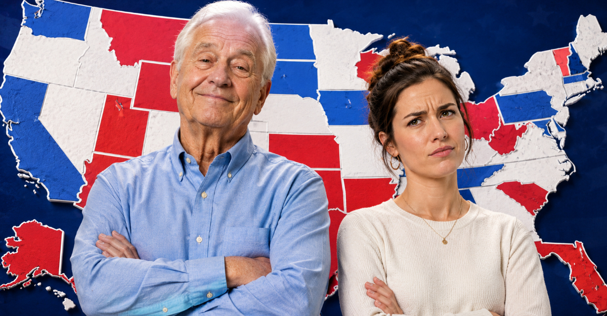 Happy Boomer Man, skeptical Millennial woman, USA map background