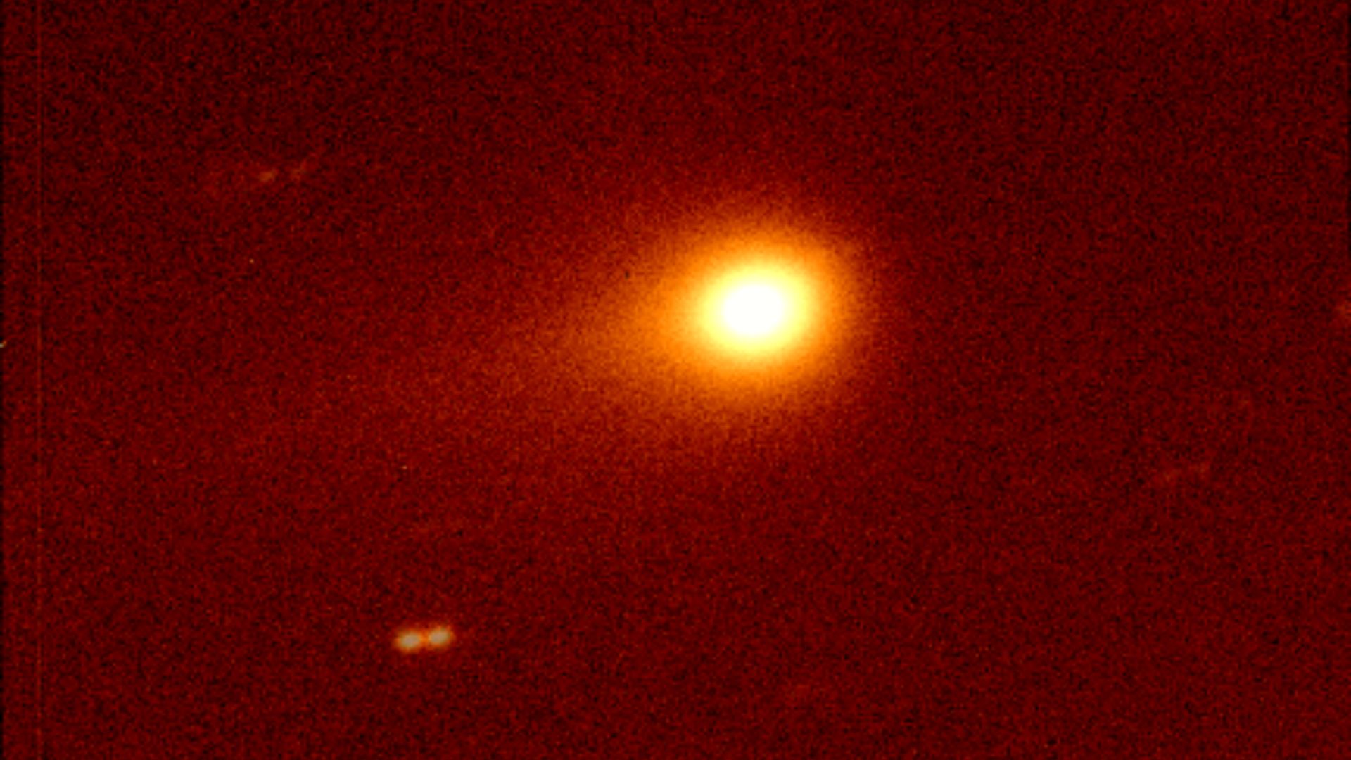 Interstellar comet 3I/ATLAS photographed by the 8.2-meter Gemini South telescope on 27 August 2025 during 23:55-23:57 UTC. This is a median stack of two 30-second exposures; the combination of these images helps make the comet appear more clearly by reduc