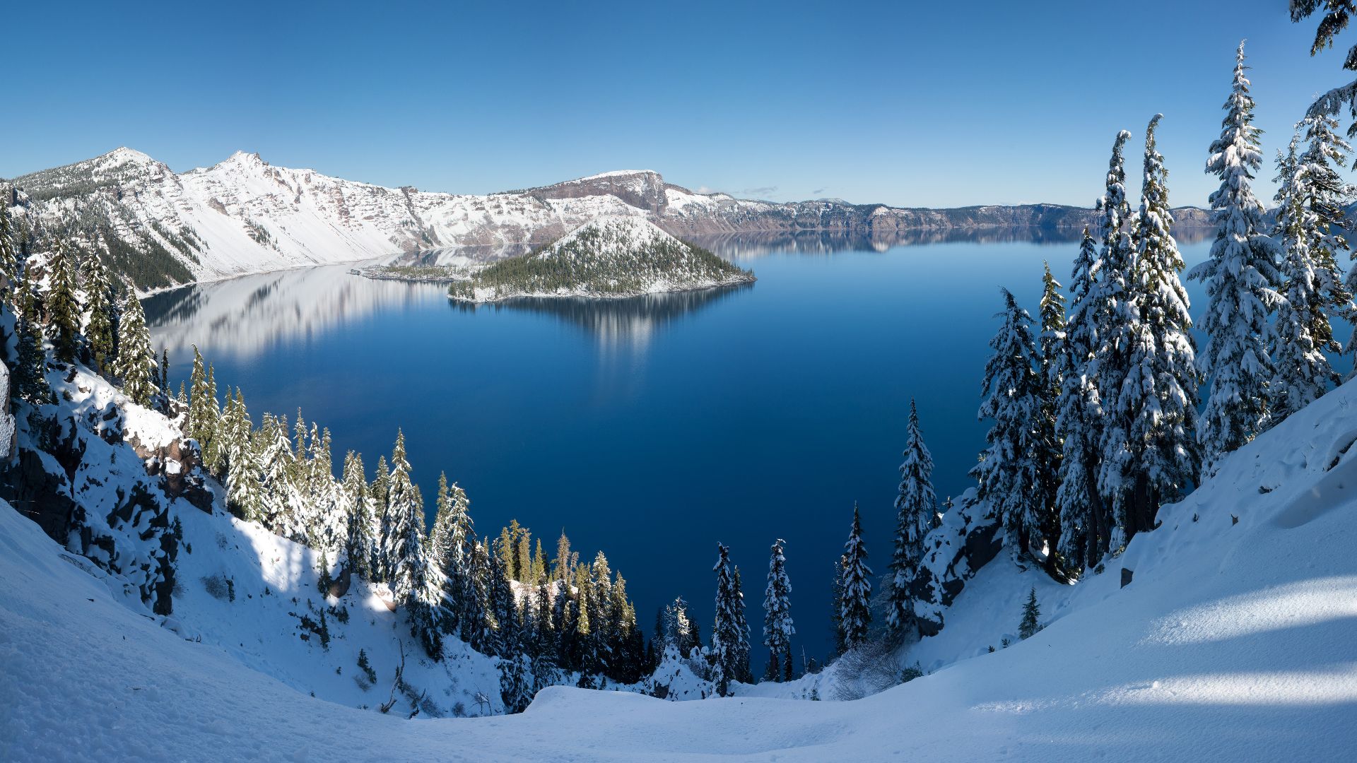 Panoramic winter view of Crater Lake in Crater Lake National Park, Oregon, from Rim Village. Full-size version.