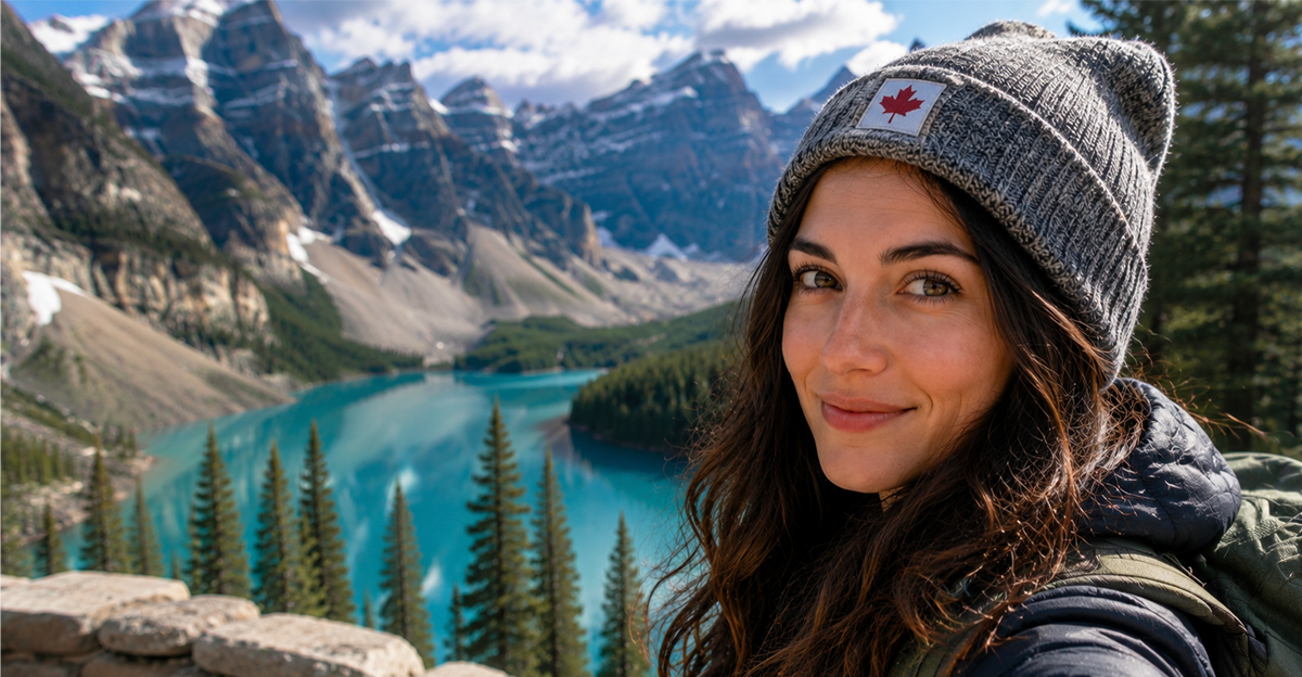 Woman with Canadian flag on her hat in a beautiful, mountainous National Park environment