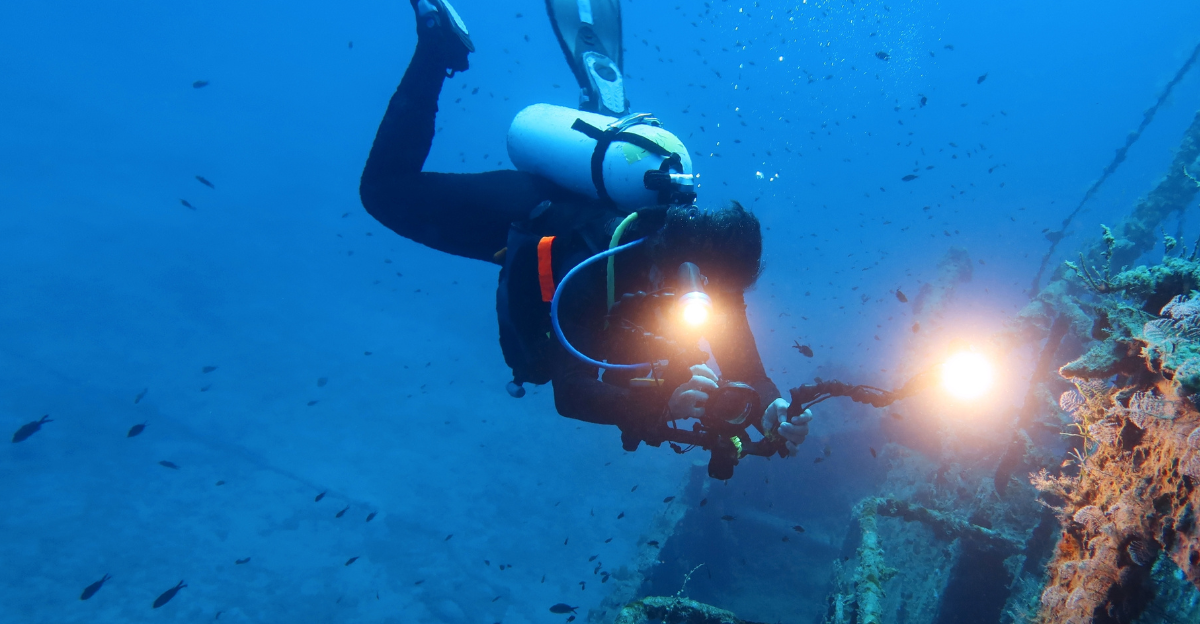 Sunken wreck and scuba diver. 