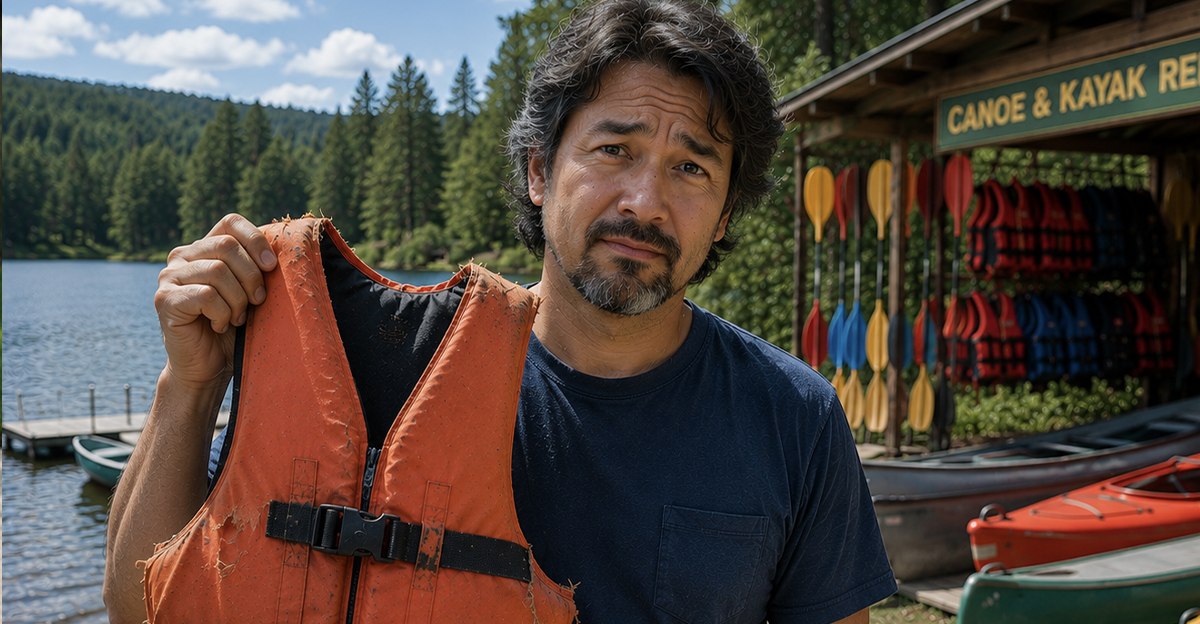 AI-generated image of a man worried about renting faulty camping equipment.