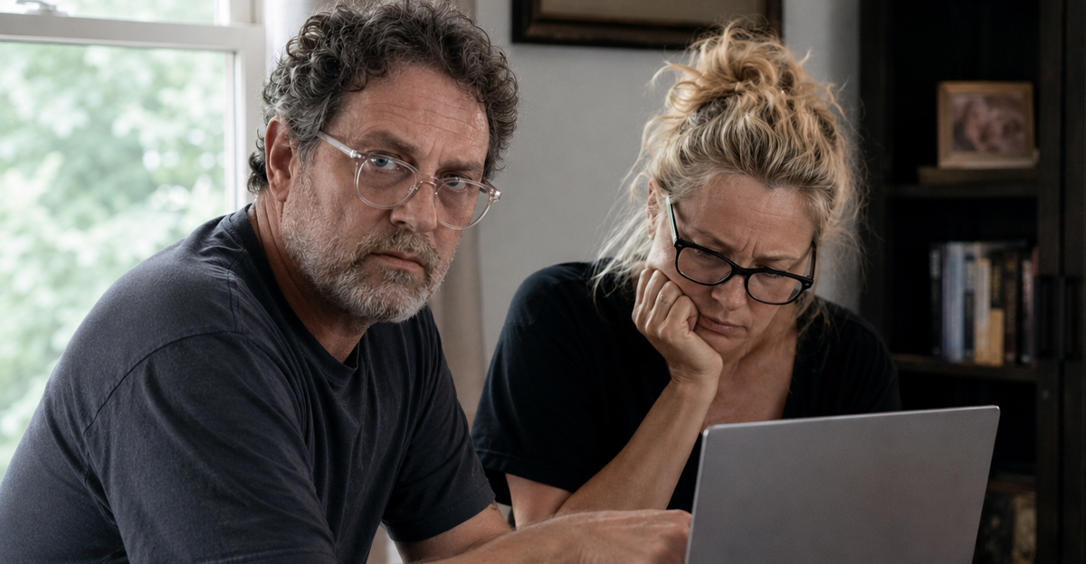 Middle-aged couple looking at a computer, looking worried.