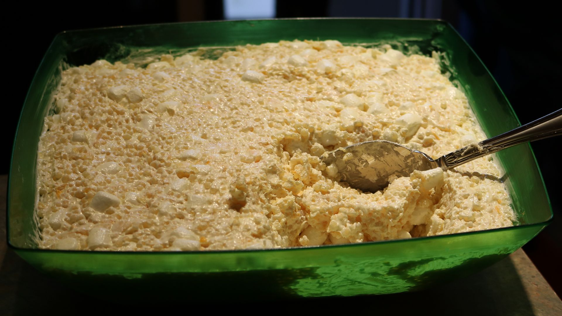 Frogeye salad (also called Frog-eye salad, Frog's eye salad), a type of pasta salad popular in the Rocky Mountain Region of the United States. The photo shows the dish as served at a Christmas-Eve gathering in Thornton, Colorado, United States in 2015.