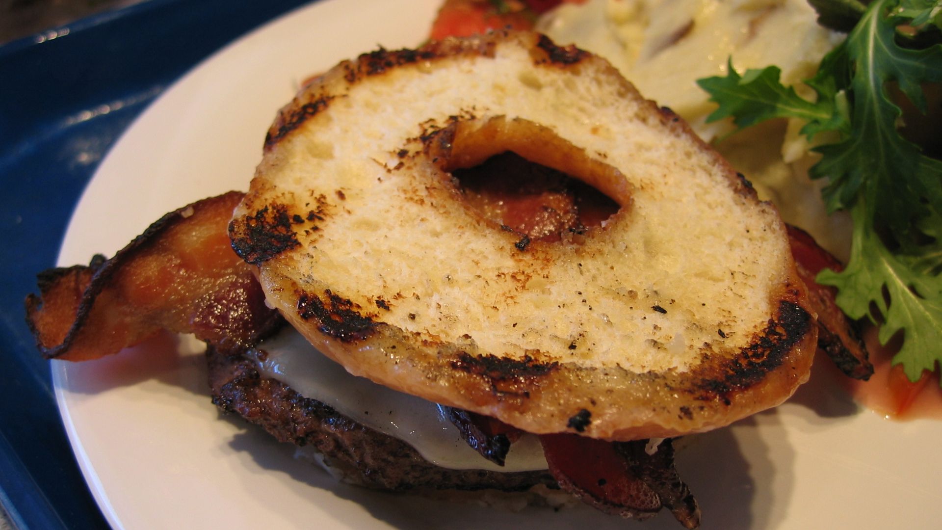 A en:Luther Burger as served at the en:Google cafeteria in New York, where it was identified as a
