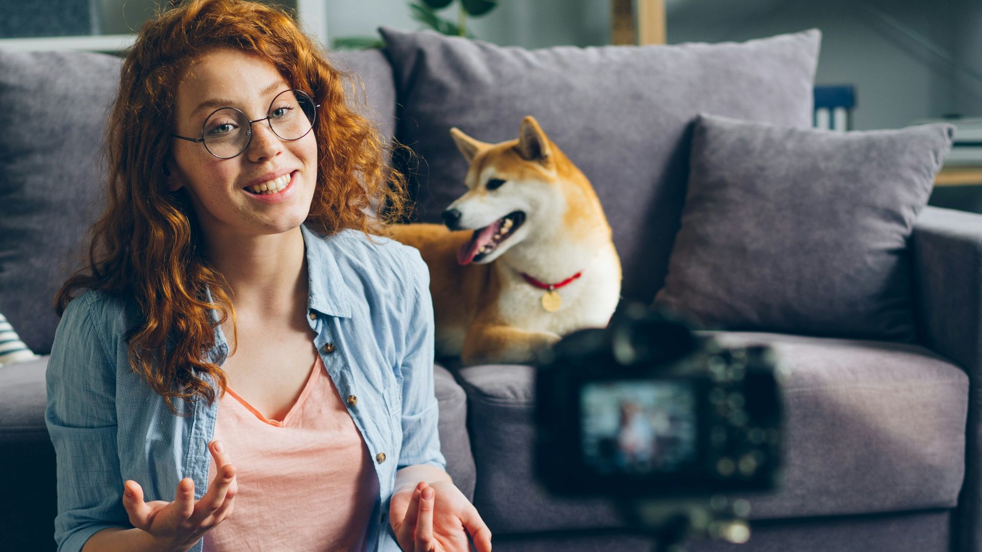 a woman sitting on the floor with a dog on her lap