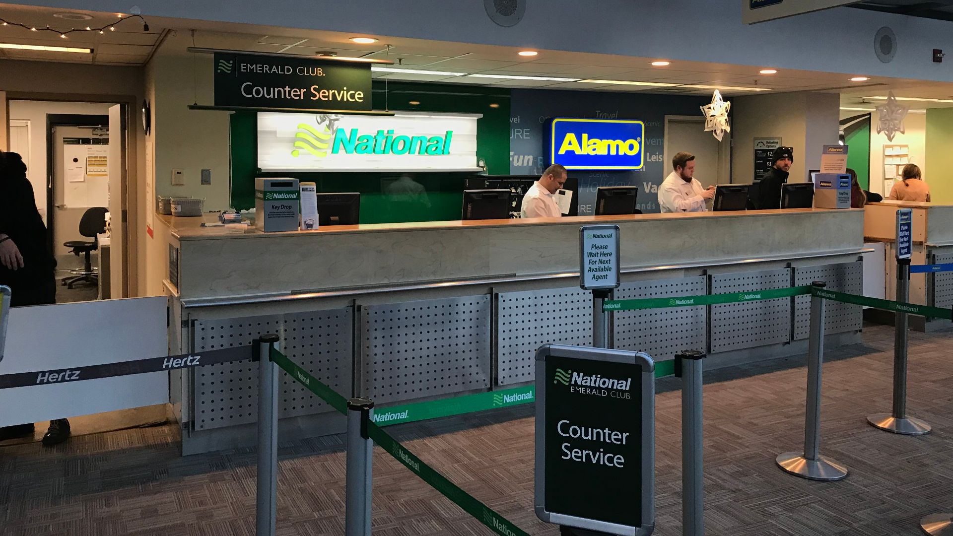 Alamo and National car rental counters at Portland International Jetport