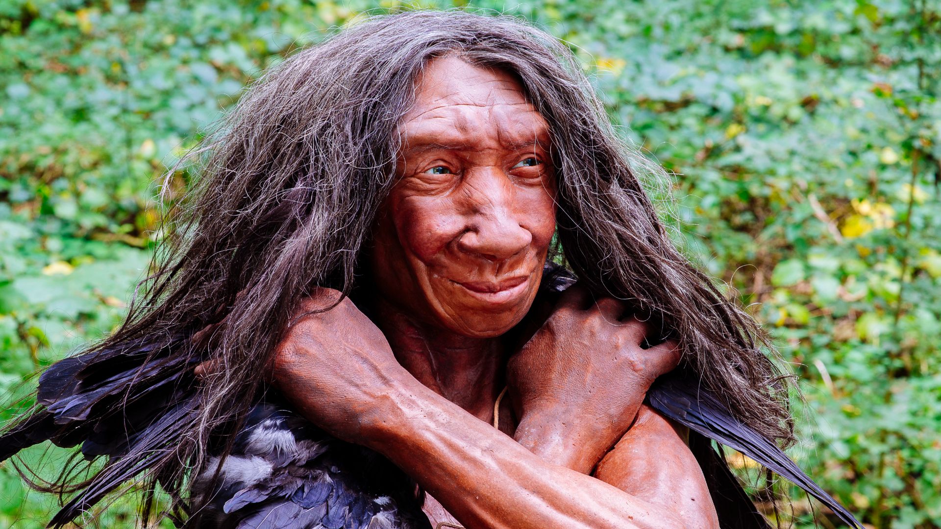 Lebend-Rekonstruktion im Neanderthal-Museum (Erkrath, Mettmann) eines Homo sapiens neanderthalensis (Ausschnitt des Originalfotos), Fundort Gibraltar