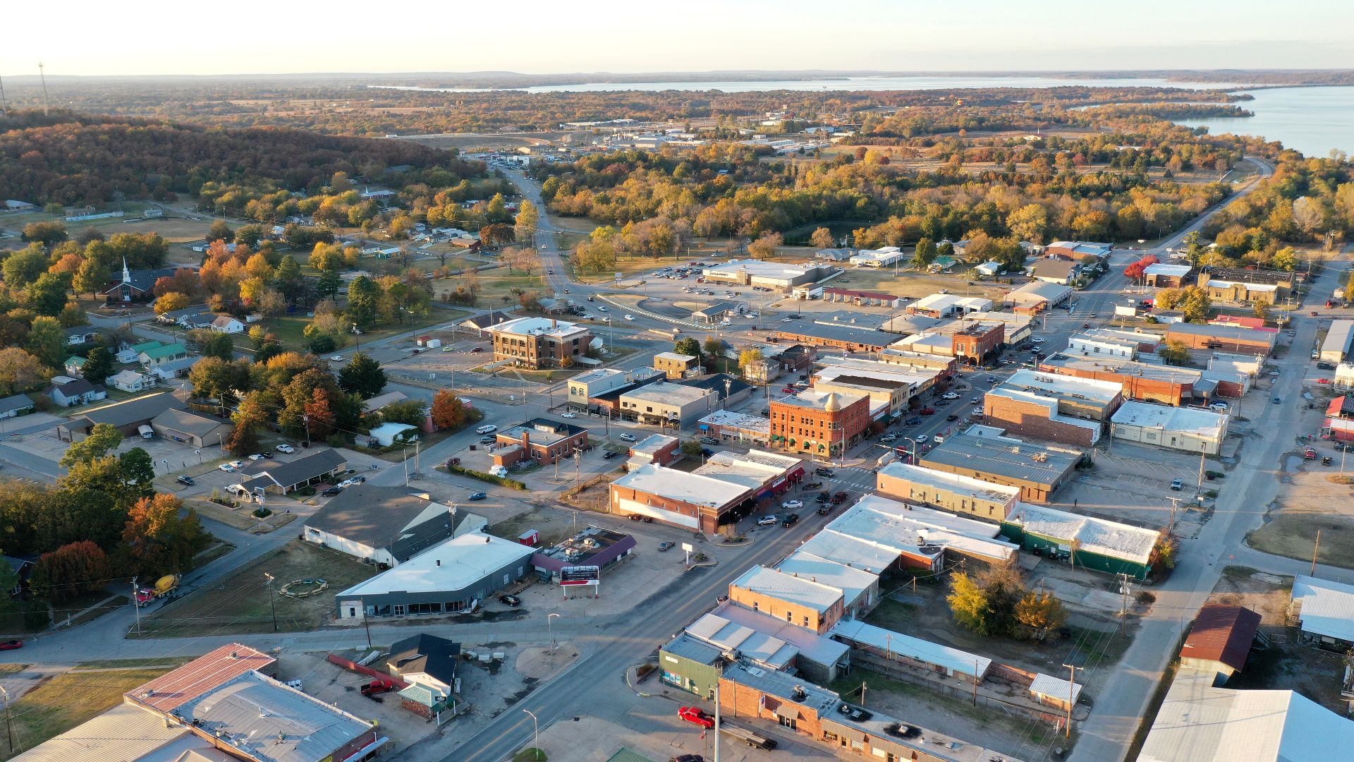 Eufaula Oklahoma aerial view of historic downtown in the fall.