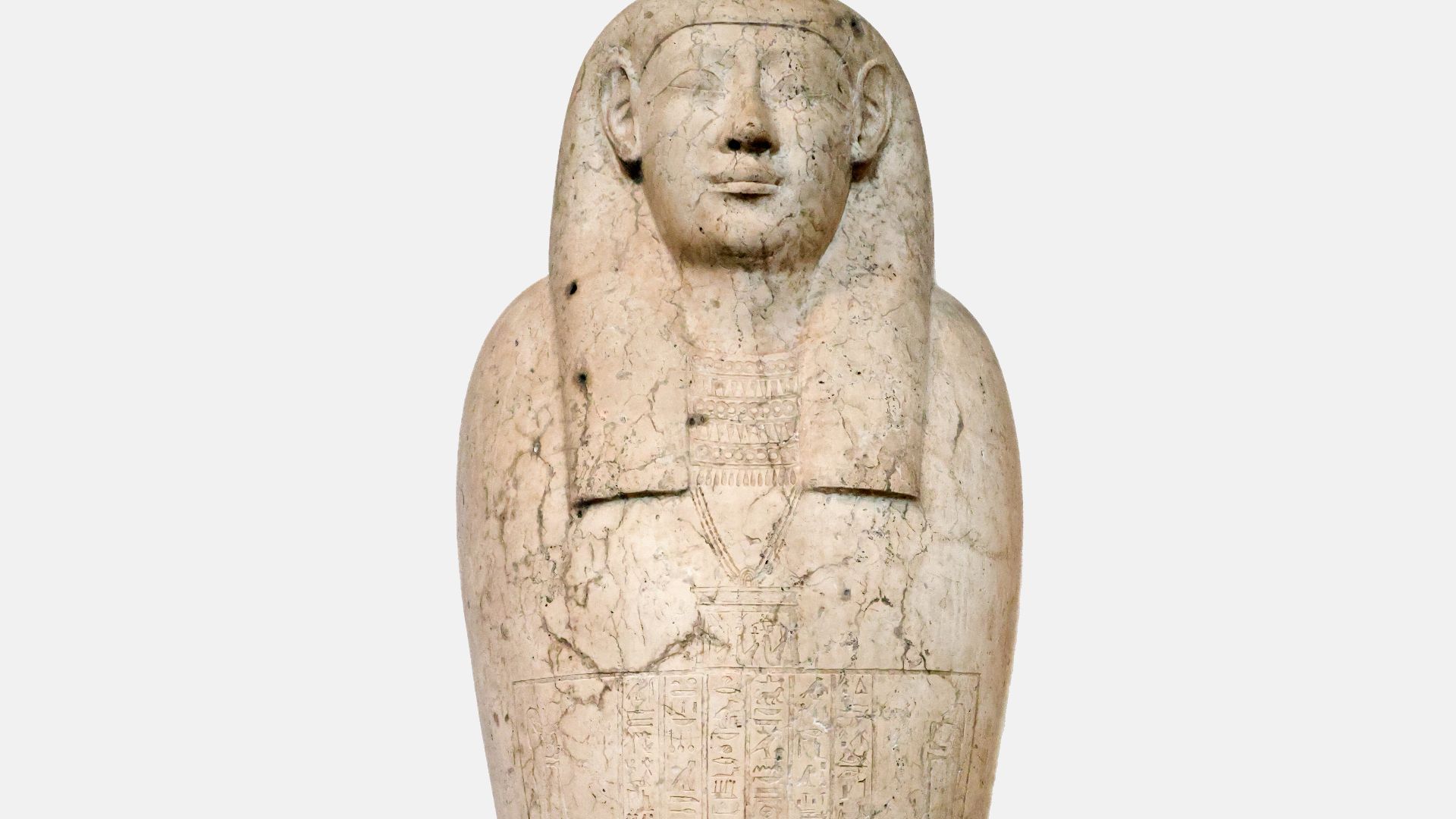 Ancient Egyptian sarcophagus lid carved from stone, British Museum, UK.