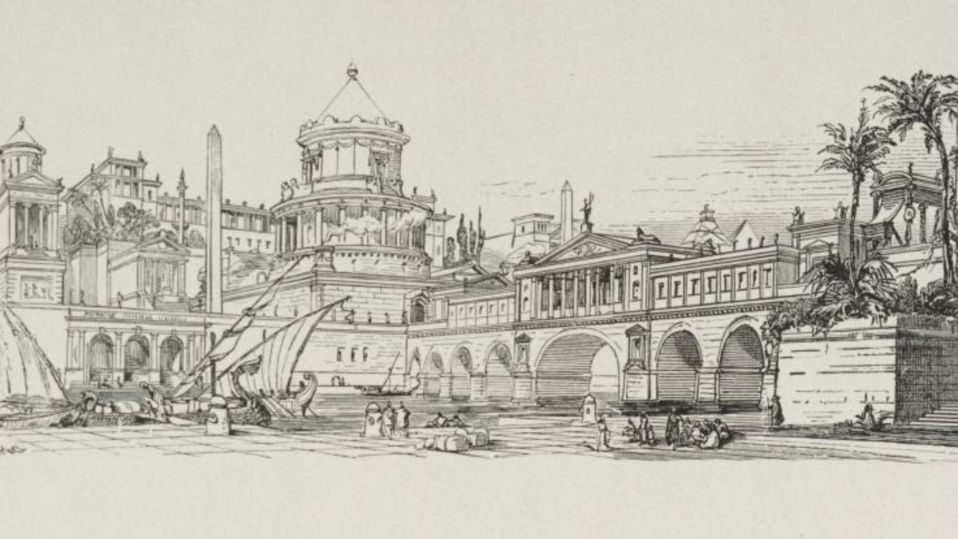Line drawing of a scene from Alexandria in ancient times.