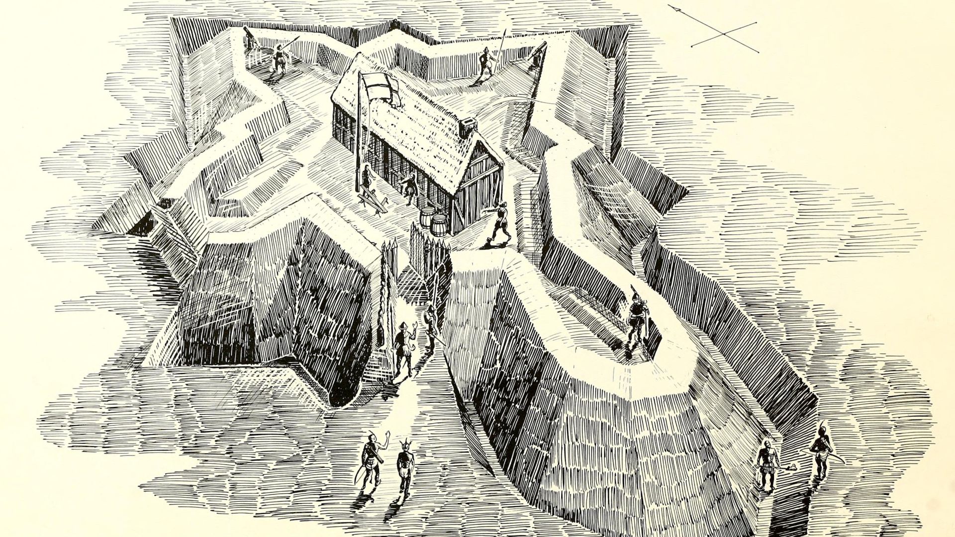 A 1962 illustration depicting the artist's reconstruction of the fort built by Ralph Lane for the 1585 Roanoke Colony. In modern times the fort has come to be known as