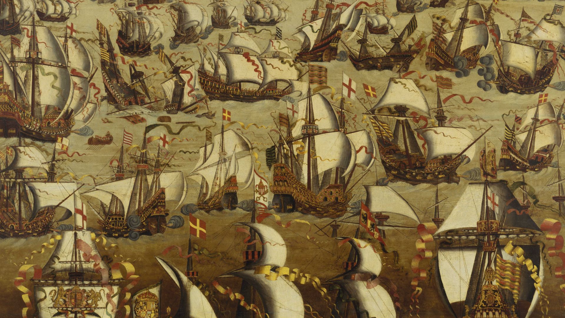 English Ships and the Spanish Armada, August 1588
The painting may have been a design for a tapestry, or if not is laid out like one, and is dateable to the years immediately following the event. The composition appears less like a painting than as a form