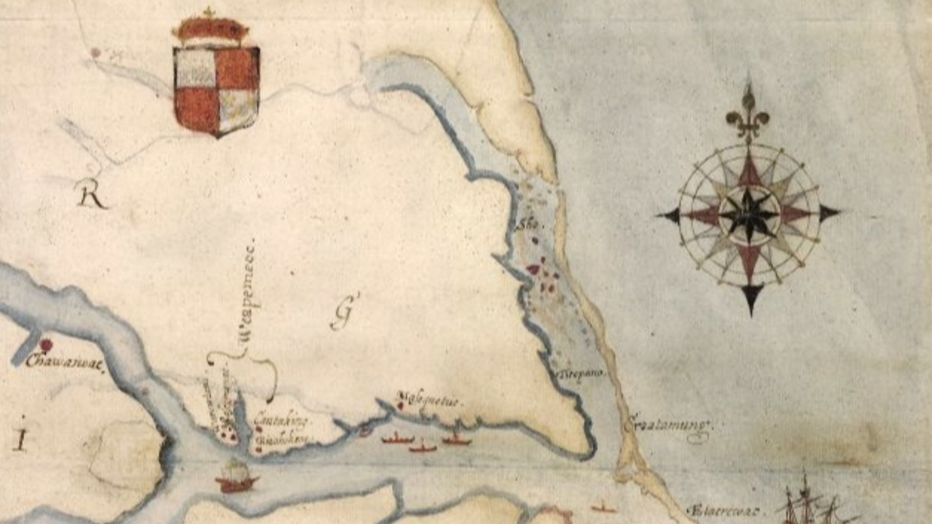 Een kaart van het Roanoke-gebied, door John White