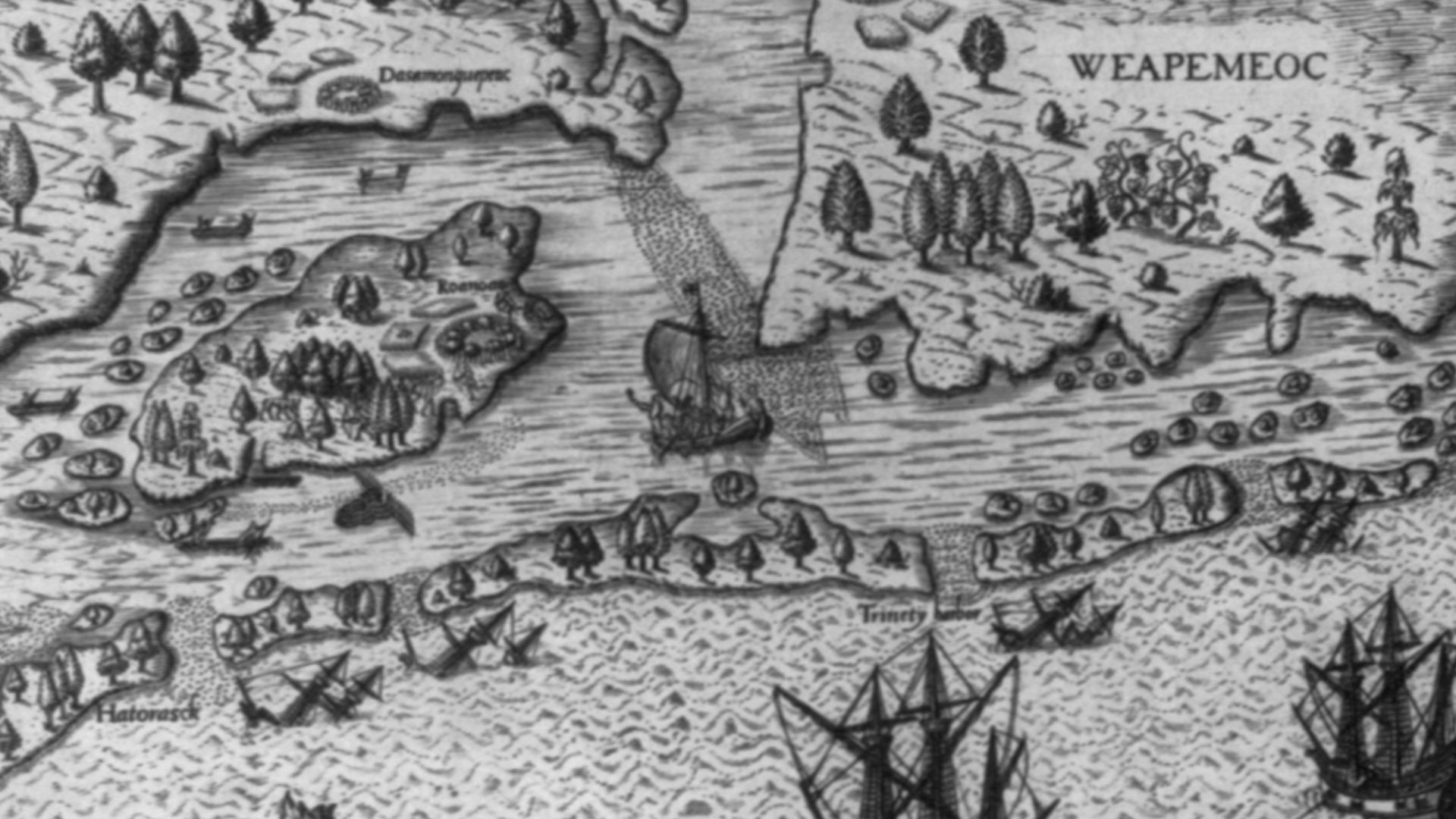 Map showing the coast of Virginia with many islands just off the mainland, two Native territories, Secotan and Weapemeoc, and the Native community of Roanoak on an island at the mouth of a river.