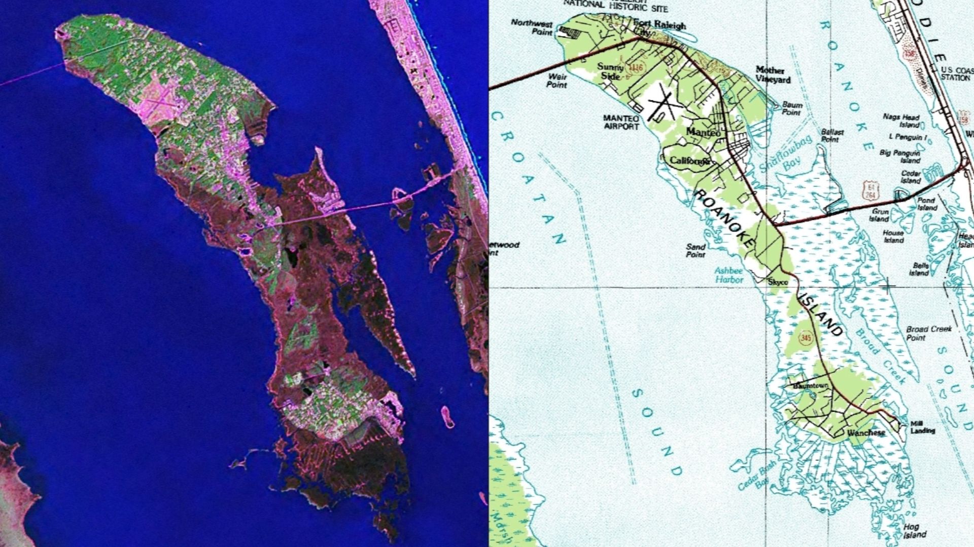 NASA World Wind Geocover 2000 and topographic map coverage of Roanoke Island, North Carolina