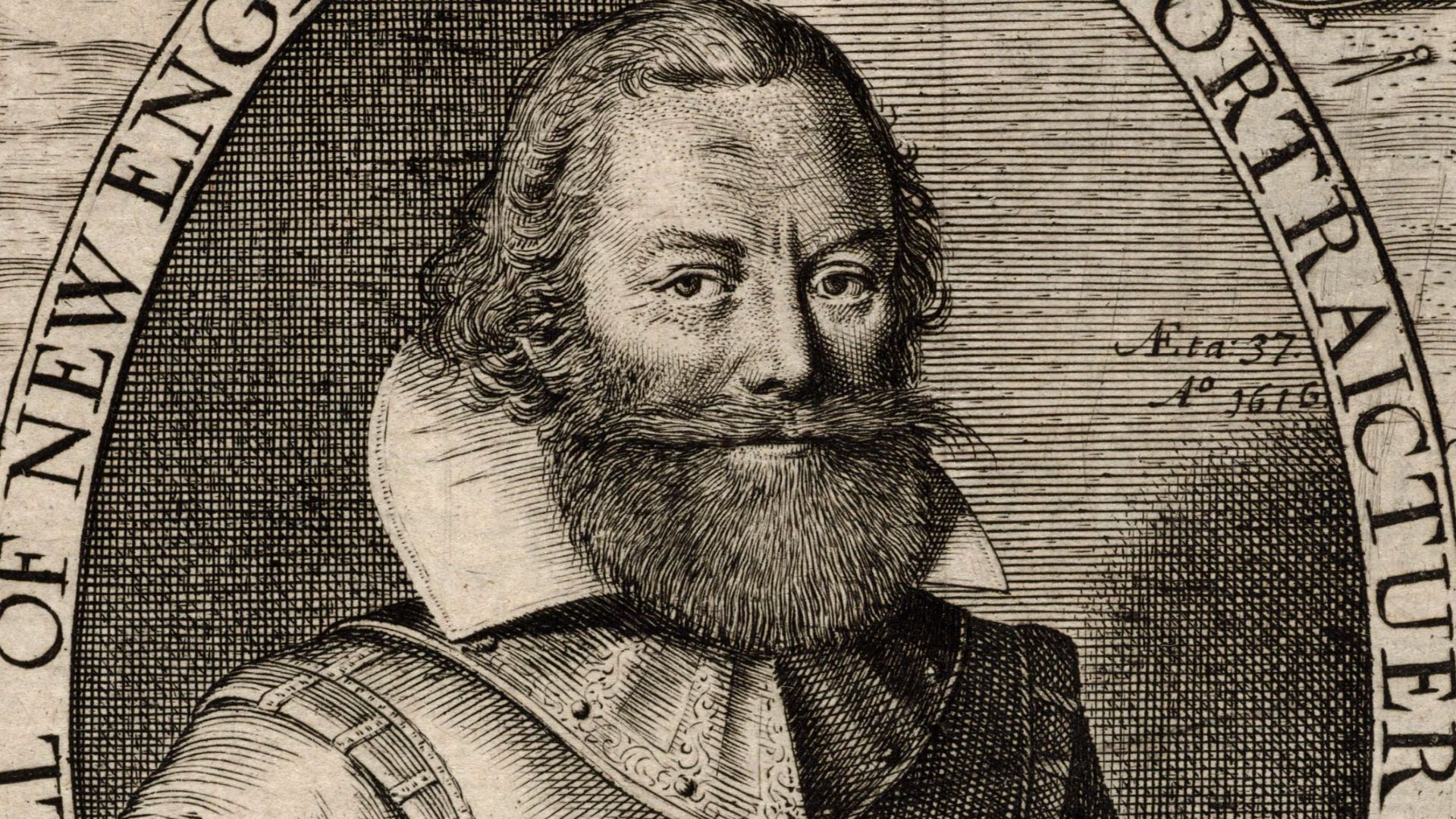 Detail of John Smith from an illustration in The Generall Historie of Virginia, New England, and the Summer Isles; with the names of the Adventurers, Planters, and Governours from their first beginning, Ano: 1584, to this present 1624. Engraver John Barra