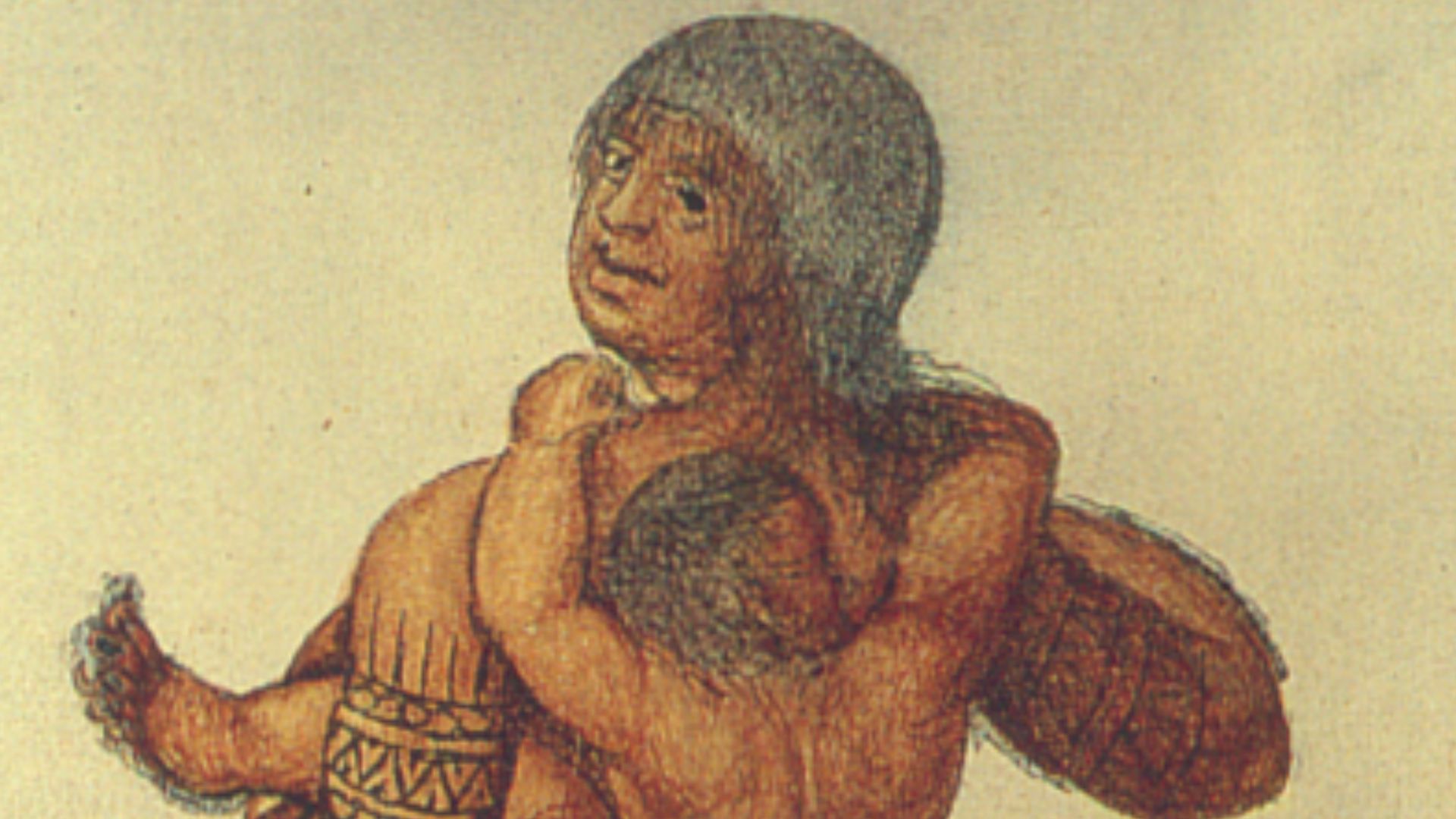 Mother and child of the Secotan Indians in North Carolina. Watercolour painted by John White in 1585.