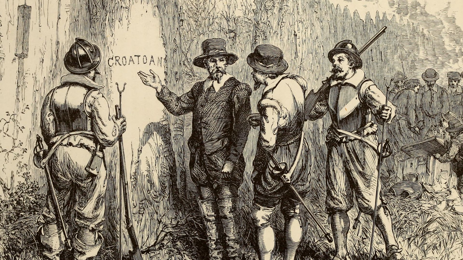 The Lost Colony, design by William Ludwell Sheppard, engraving by William James Linton.
This image depicts John White returning to the Roanoke Colony in 1590 to discover the settlement abandoned.  A pallisade had been constructed since White's departure i