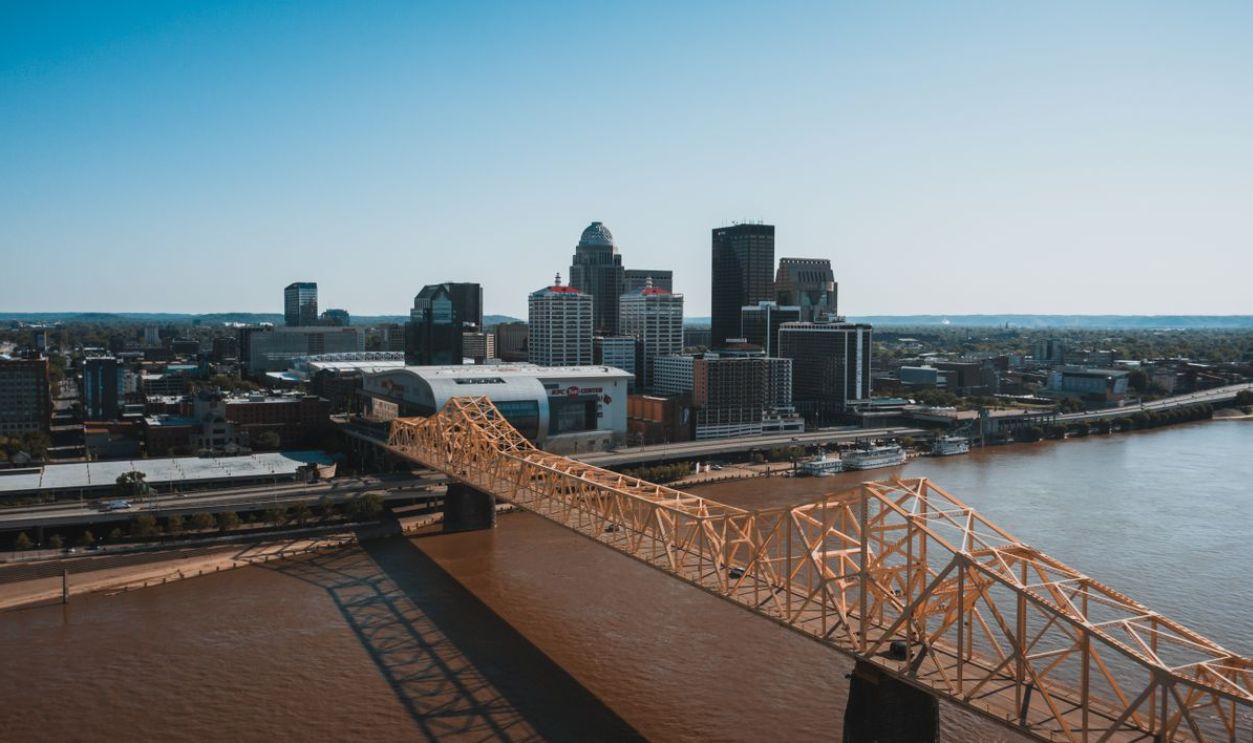 Stunning aerial view of Louisville's skyline and bridge on a sunny day
