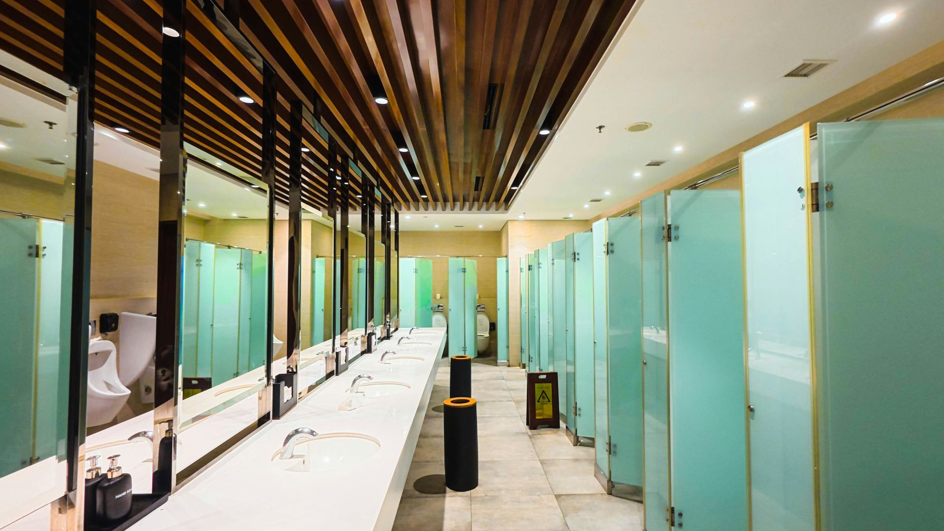 Modern public restroom with sinks, mirrors, and frosted glass stalls.