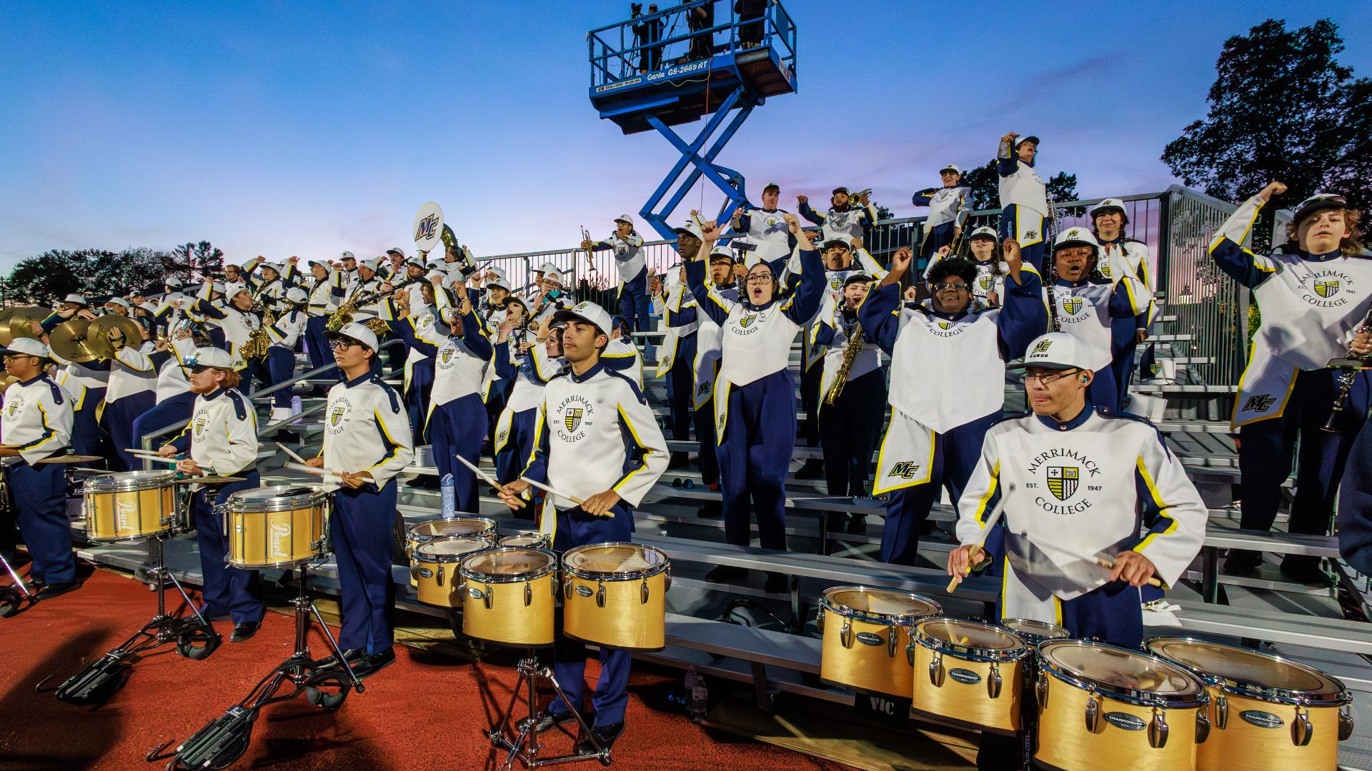 Merrimack College Marching Band at a night football game