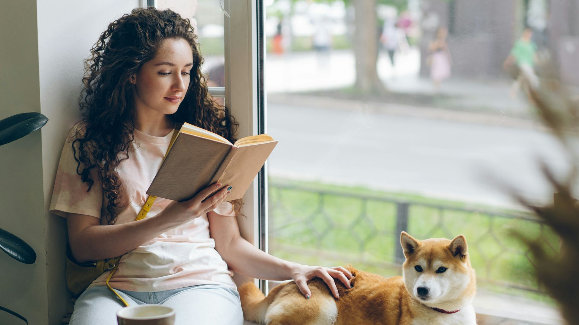a woman sitting on a window sill reading a book next to a dog