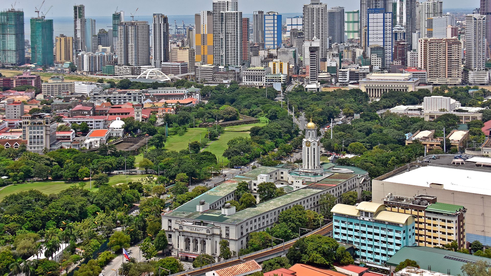 Bird's Eye view of Manila City Hall with a view of the Binondo Skyline