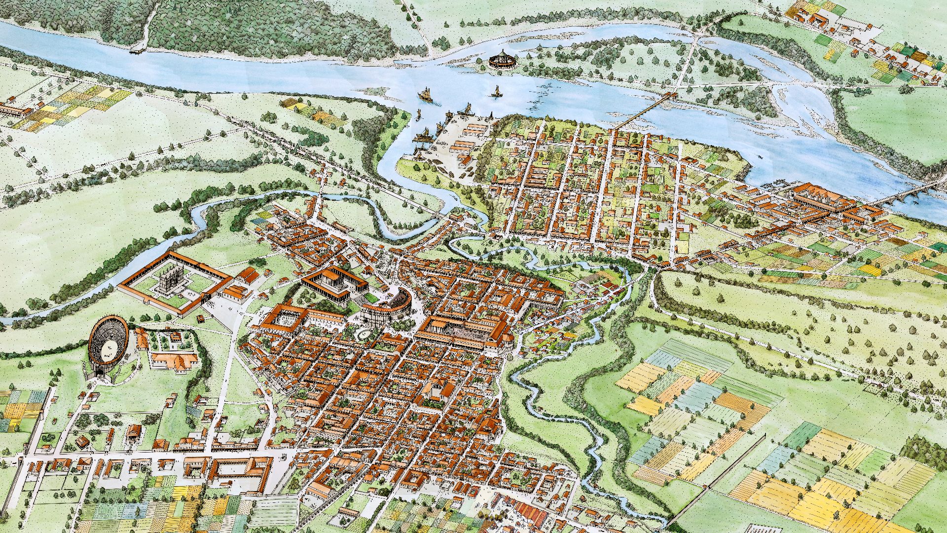 Rekonstruktionszeichnung Augusta Raurica um 240 n. Chr.