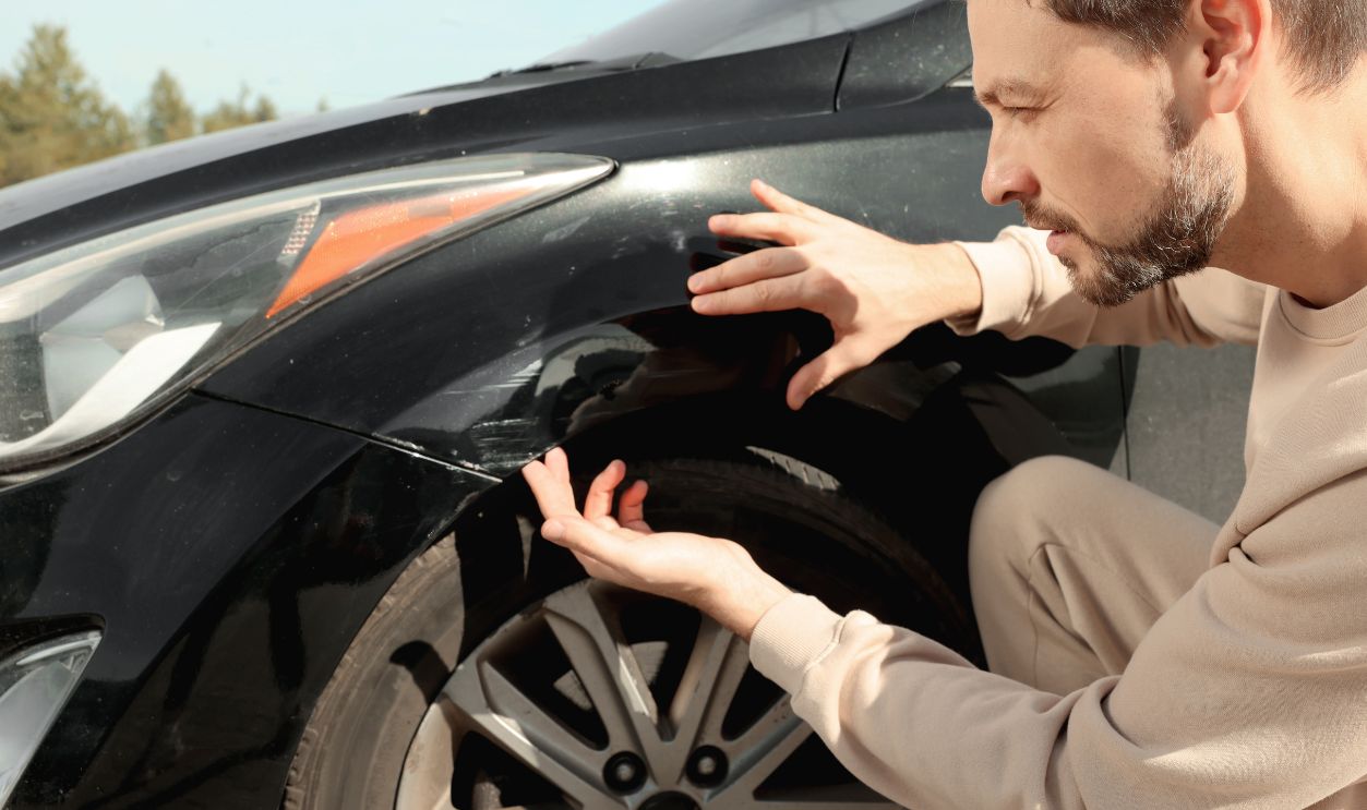 Stressed man near car with scratch outdoors