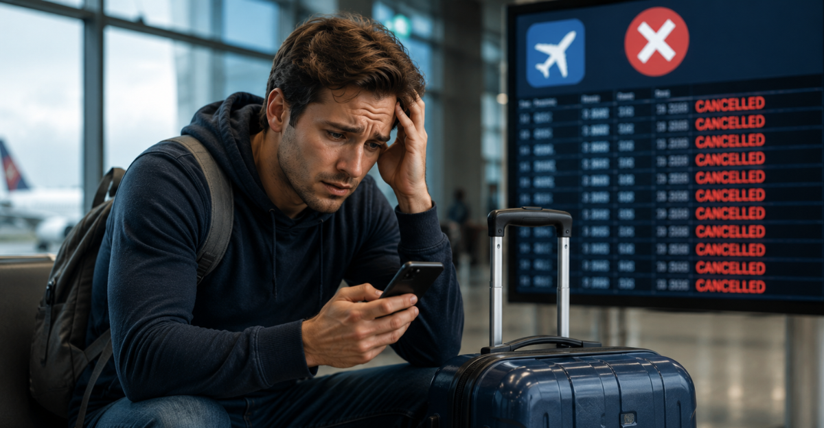 man worried about cancelled flights