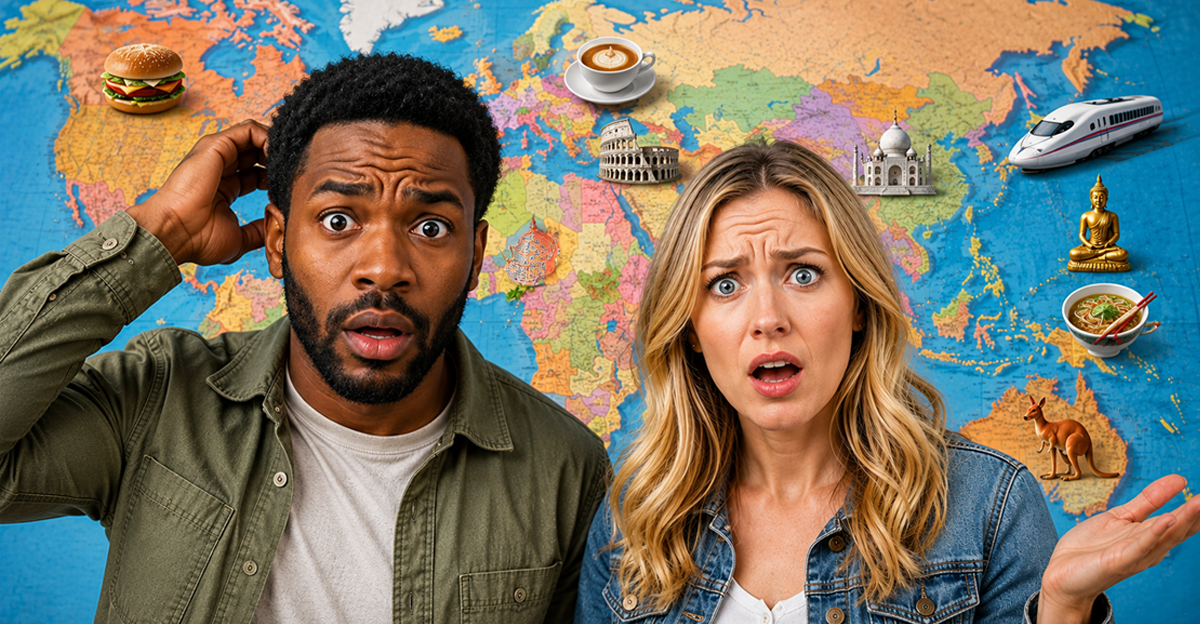 Shocked black man and white woman, standing in front of world map