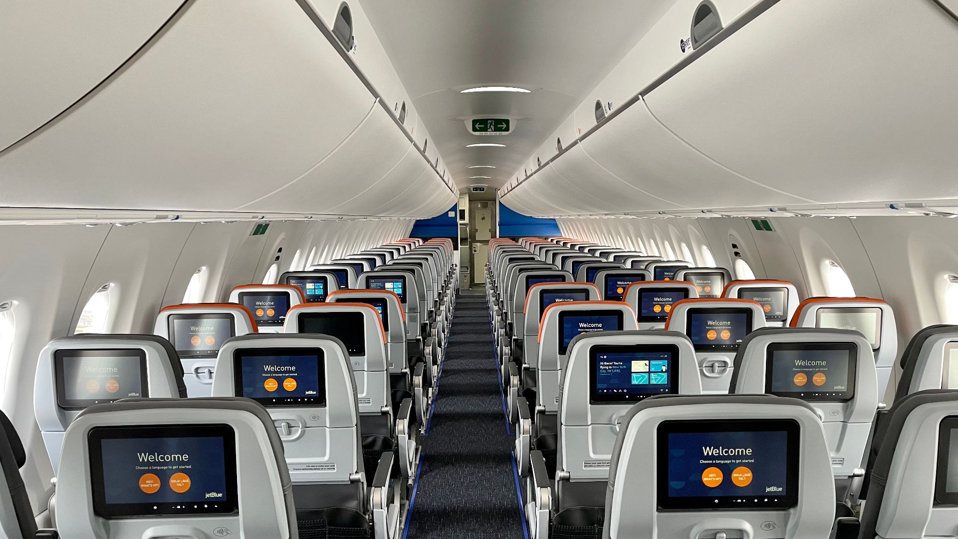 The cabin on JetBlue's first Airbus A220-300.