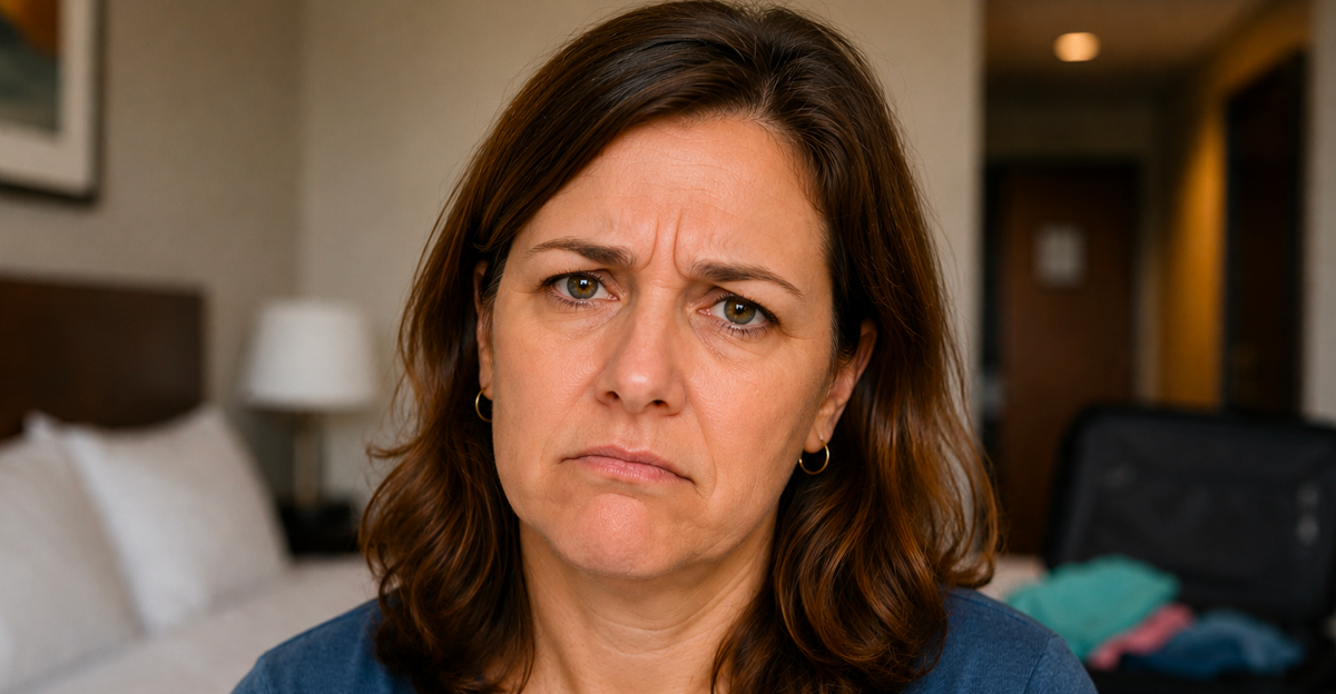 Frustrated woman hotel room