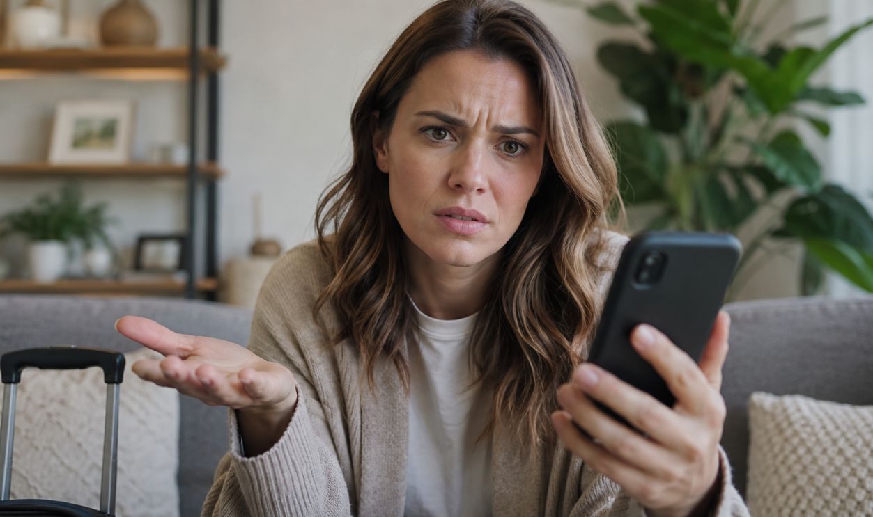 Confused woman checking phone in cozy living room