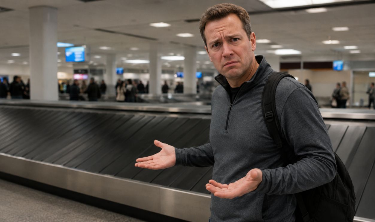 Confused traveler at baggage claim