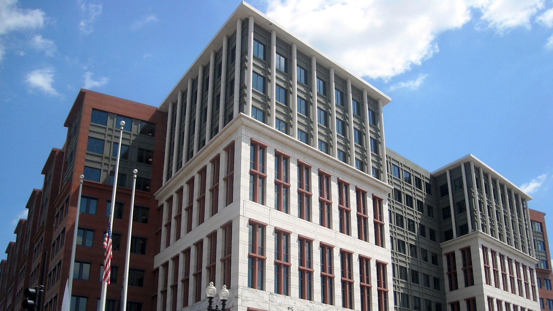 The entrance to the United States Department of Transportation headquarters (as viewed from the intersection of M Street and New Jersey Avenue, S.E.), located at 1200 New Jersey Avenue, S.E., in the Navy Yard neighborhood of Washington, D.C.