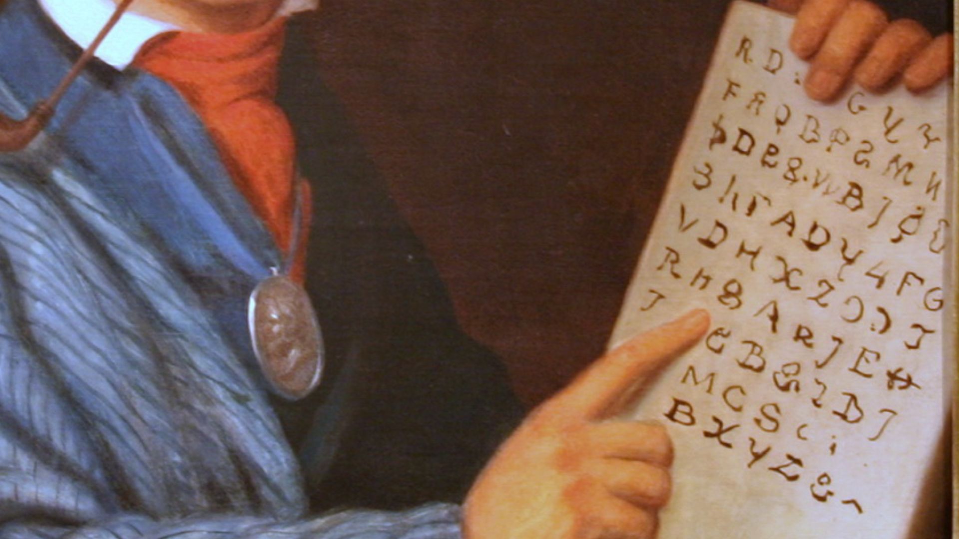 Oil on canvas painting of Sequoyah with a tablet depicting his writing system for the Cherokee language. Original size without frame 76.8×64.1 cm.