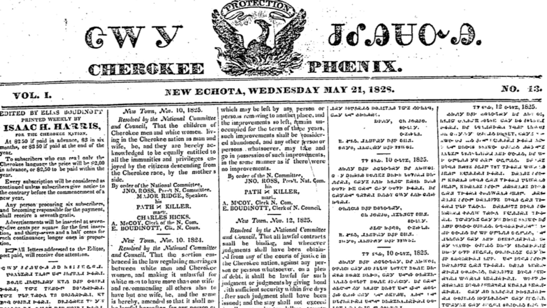 Cherokee Phoenix Newspaper front page May 21, 1828