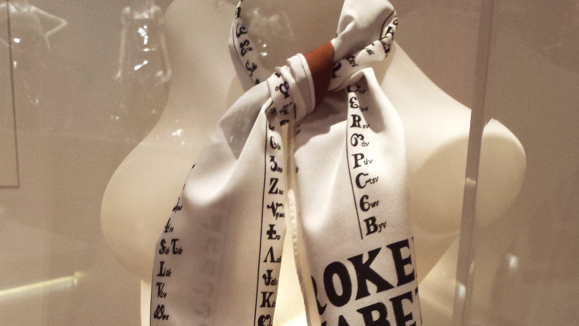 Cherokee Alphabet scarf circa 1970 designed by Frankie Welch as displayed at the Peabody Essex Museum in Salem, MA, in the Native Fashion Now exhibition. Note: The writing system is a syllabary not an alphabet and Welsh is not Cherokee.